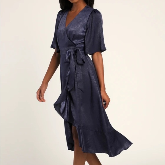 Lulu's Navy Satin Midi Wrap Dress Wrapped Up In Love Flutter Sleeve XS Party - Picture 2 of 11